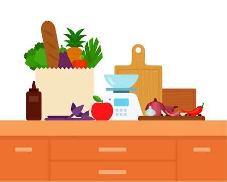 Recipes online. Vector flat illustrations. Home cooking concepts, set products on nightstand.のイラスト素材