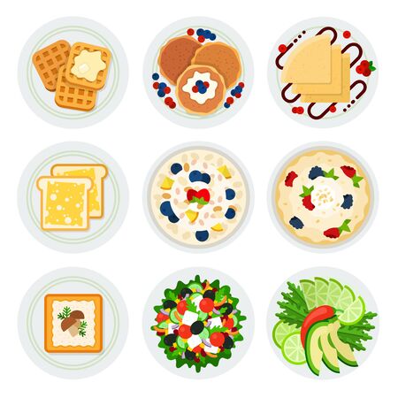 Set of vegetarian breakfasts in platesのイラスト素材