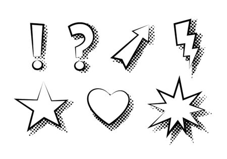 Set of exclamation, question, arrow, lightning, star, heart, explosion flat icon vector isolatedのイラスト素材