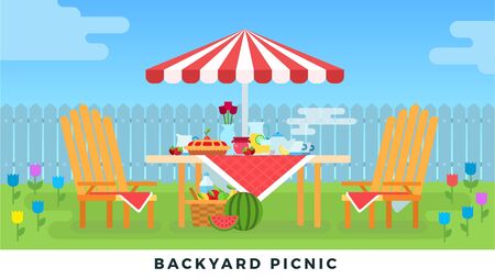 Picnic in summer on backyard. Vector flat illustrations. Outdoor picnic under an umbrella.のイラスト素材