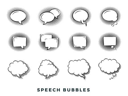 Set of comic speech bubbles vector flat icons. Vintage design, pop art style. Black and white.のイラスト素材