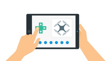 Man hands holding a tablet with drone control application vector illustration in a flat design.のイラスト素材