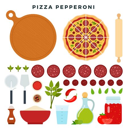 Pizza pepperoni and all ingredients for cooking it. Make your pizza. Set of products and tools for pizza making. Vector illustration.のイラスト素材