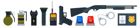 Set vector icons of police officer equipment in flat design. Police outfit, protection of citizens.のイラスト素材