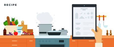 Kitchen with built-in furniture, appliances, utensils and a tablet with recipes vector illustrationのイラスト素材