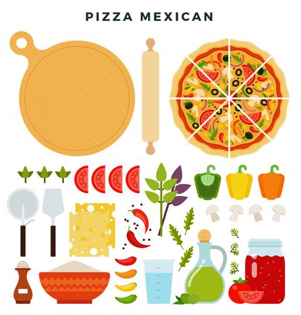 Pizza mexican and all ingredients for cooking it. Make your pizza. Set of products and tools for pizza making. Vector illustration.のイラスト素材