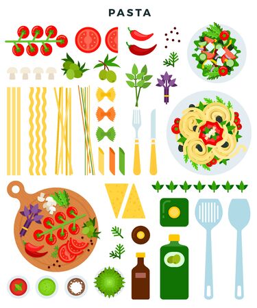 Cooking classic Italian pasta. Set of assorted forms of pasta, vegetables, cheese, butter, olives, spices, sauces and other ingredients. Vector illustration.のイラスト素材