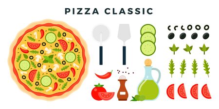 Classic Italian vegetarian pizza and all ingredients for cooking it. Make your pizza. Set of products and tools for pizza making. Vector illustration.のイラスト素材