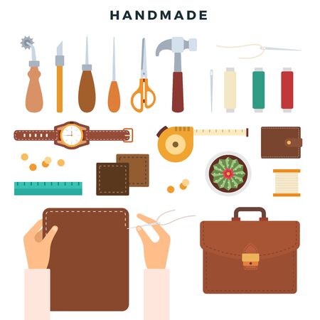 Creation of leather products, handmade. Tools and leather goods, the process of making leather goods by hand. Master workplace. Vector illustration.のイラスト素材