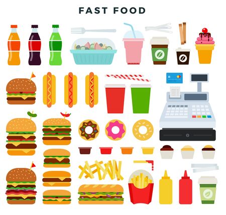 Colorful set of fast food products. Collection for fast food cafe, restaurant. Vector illustration, isolated on white background.のイラスト素材