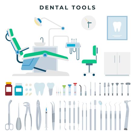 Dental office equipment and tools, set. Instruments for various dental manipulations. Vector illustration.のイラスト素材