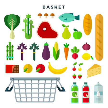 Food basket vector flat icons set. Isolated on white.のイラスト素材