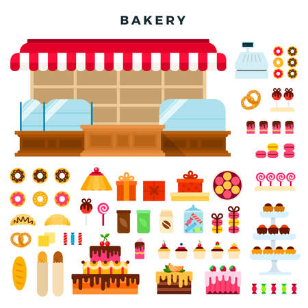 Confectionery counter and bakery products. Isolated on white.のイラスト素材
