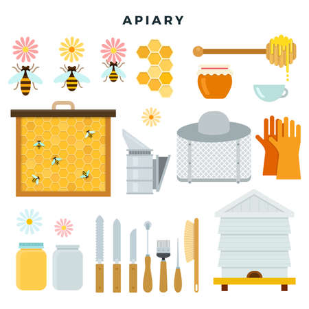 Apiary tools and equipment, set of icons. Everything for beekeeping. Vector illustration in flat style.のイラスト素材