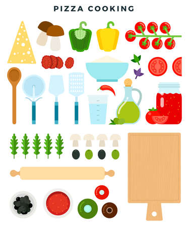 All ingredients for making pizza, dough and filling. Set of products and tools for pizza cooking. Vector illustration.のイラスト素材