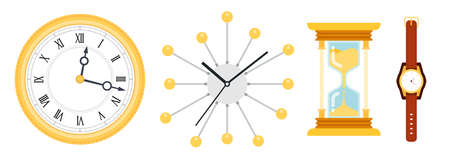 Different types clocks. Collection vector icons of mechanical clocks in flat design isolated on...