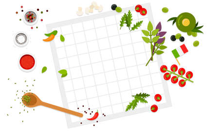 Ingredients for filling pizza Italian vector illustration in flat design. Top view meal. Tomatoes, chilli, arugula, oregano, mushrooms, olives, tomato sauce isolated on white background.のイラスト素材