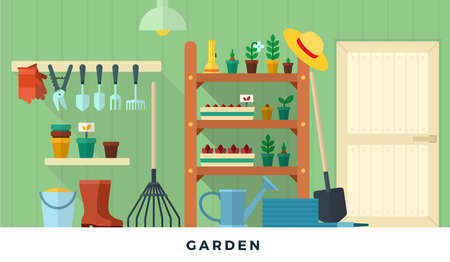 Garden pantry room with tools. Vector flat illustrations. Concept of gardening.のイラスト素材
