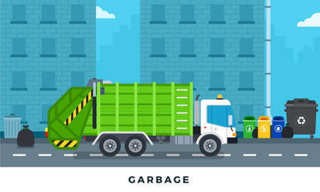 Garbage truck, trash can on city street with buildings. Vector flat illustrations.のイラスト素材