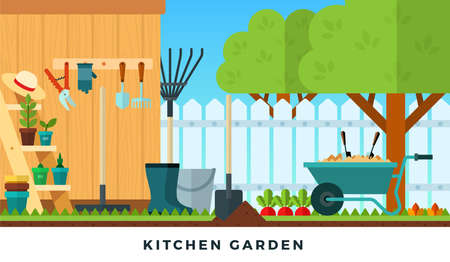 Colorful vector flat illustration of kitchen garden. Tools for gardening.のイラスト素材