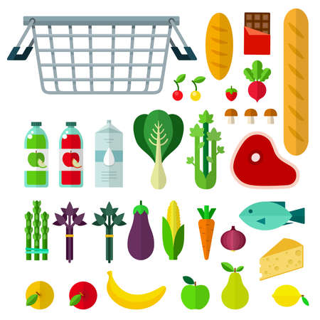 Food basket with food vector flat illustration. Set with cheese, fish, meat, milk, asparagus, mushrooms, bread, chocolate for website shop. Isolated on white background.のイラスト素材