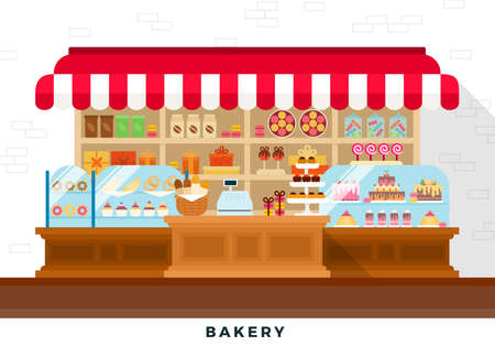 Confectionery store with cakes, sweets, croissants, coffee, tea, gift boxes, donuts, lollipops, macaroons and baguettes in the basket behind a wooden counter against a white wallのイラスト素材