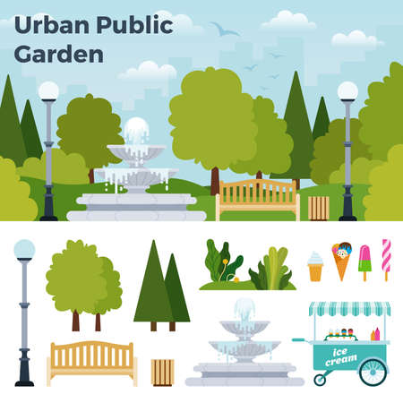 Beautiful urban public garden with a fountain vector icon flat isolated illustrationのイラスト素材