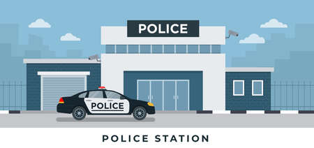 Police station department building with police car in flat style isolated on white background vector set illustrationのイラスト素材