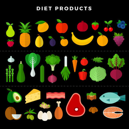 Set of various dietary food, isolated on white background. Vector illustration in flat style on dark backgroundのイラスト素材