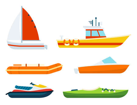A set of boats of different types and purposes vector illustration in a flat design.のイラスト素材