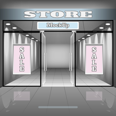realistic store or office interior template. Boutique illustration with shopwindow, shelves, sale banners.のイラスト素材