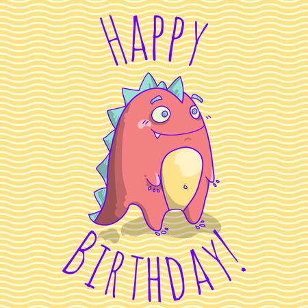 Happy Birthday card template for children with funny dinosaur character. vector illustration.のイラスト素材