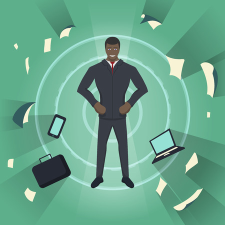 Business theme illustration. Young black businessman feels power inside. This businessman character really ready for the great achievements. abstract background.のイラスト素材