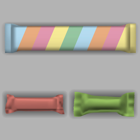 chocolate wrapper mockup. Empty blank of chocolate bar pack. Isolated templates of chocolate wrapper. Vector illustration.のイラスト素材