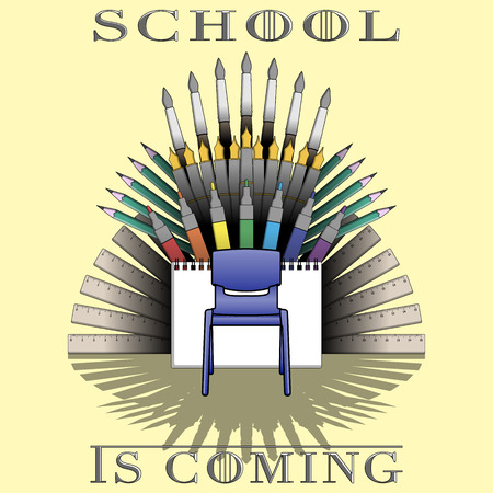 Back to school theme illustration with supplies set and text: School is coming. vector illustration. Concept print design for first september. 1 september theme.のイラスト素材
