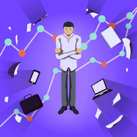 Business theme illustration. Young businessman standing with crossed arms and thinking about important matters. Infographics background.のイラスト素材
