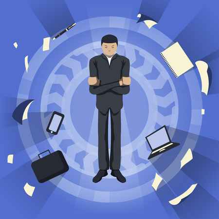 Business theme illustration. Young businessman standing with crossed arms and thinking about important matters. Abstract background.のイラスト素材