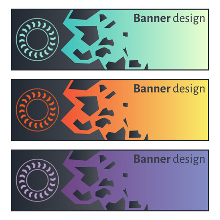 Banner design. Collection of three beautiful colorful banners in green, orange and violet colors with different geometrical shapes. Vector illustration.のイラスト素材