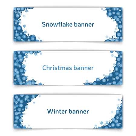 web banner design. Set of horizontal vector web banners in modern style on the theme of winter with snowflakes frame. Abstract web banners for winter season with snowflakes shapes. Vector illustration.のイラスト素材