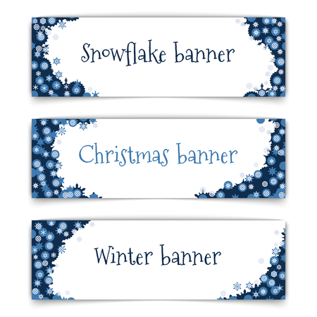 web banner design. Set of horizontal vector web banners in modern style on the theme of winter with snowflakes frame. Abstract web banners for winter season with snowflakes shapes. Vector illustration.のイラスト素材