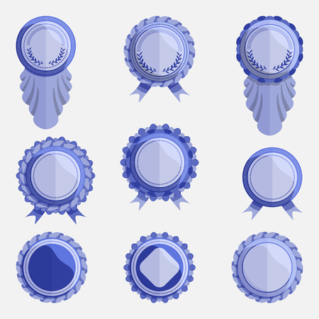 set of empty blue badges with ribbonsの写真素材