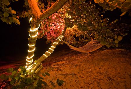 Beachside hammock at nightの写真素材