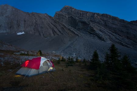 Starry night of camping in the Rocky Mountains, Kananaskis Country, Alberta, Canada.の写真素材