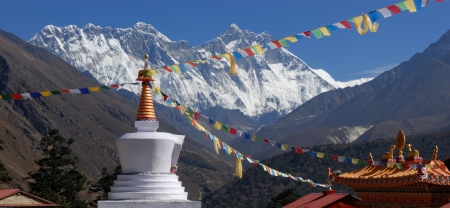 Tengboche Monastery, is located in the in the Khumbu region of eastern Nepal and is a working Tibetan Buddhist monastery In the background the peaks of Lhotse  right hand side  The worlds 4th largest mountain and adjacent peak Nuptse rise sharply from theの写真素材