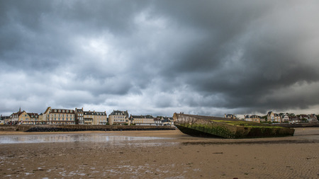 Arromanches in Normandy, Gold Beach, was the location for Mulberry B one of the temporary harbour used during the D-Day landingsの写真素材