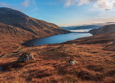 Cruachan Reservoir in Scotland is located above Loch Awe, in a corrie beneath Ben Cruachan. It is the upper reservoir for the Cruachan Power Station pumped-storage scheme.の写真素材