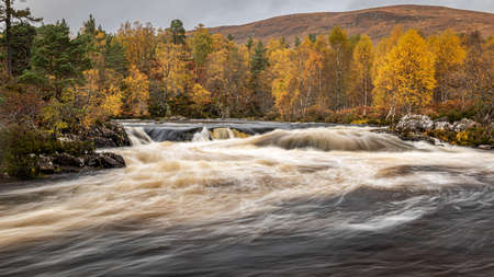 A fast flowing section of the river Garbh Uisge with the autumn colours of Glen Affric in the backgroundの写真素材