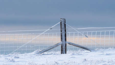 A fence line high on the Campsie Fells in Scotland covered in rime ice and snowの写真素材