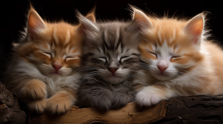 Three kittens sleeping on a piece of wood on a black background.の素材