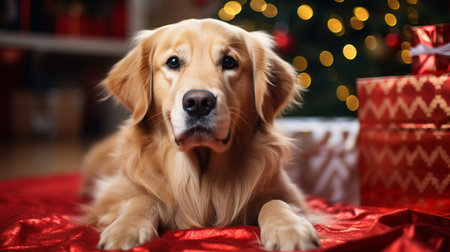 Golden Retriever dog with Christmas gifts on the background.の素材
